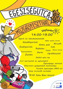A képen a rendezvény plakátja látható, rajta az időponttal és a programlehetőségekkel. Az esemény szeptember 15-én lesz és 14 órától 19 óráig tart. Sport és táncbemutatók,küzdősportok,szablyavívás,darts,ugrálóasztal, zumba és még sok más aktív szabadidős program várja a látogatókat. 
