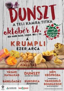 Dunszt - A teli kamra titkai c. rendezvény plakátja, melyen az időpont (október 14.) és a helyszín (Aba Novák Agóra Kulturális Kp.) mellett a főbb programok kerültek kiemelésre.