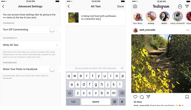 A képen az Instagram opciói láthatók, ahol ki kell tölteni a szöveges leírást.