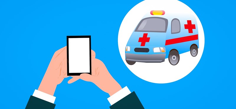 A képen egy rajz látható. Egy kéz mobiltelefont tart a kezében és mellete egy mentőautó áll.