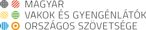 A képen a MVGYOSZ logója látható. Elemei: Baloldalon egy 6 pontból álló (Braille-jelhez hasonló) színes grafika látható, jobb oldalon szövetség teljes neve olvasható.