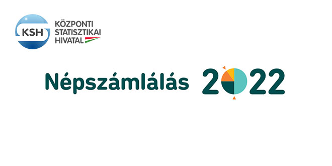A képen középen a Népszámlálás 2022 felirat olvasható. A 2022-ből a 0-t egy kördiagramm adja. Balra fent a KSH logoja és teljes neve olvasható.